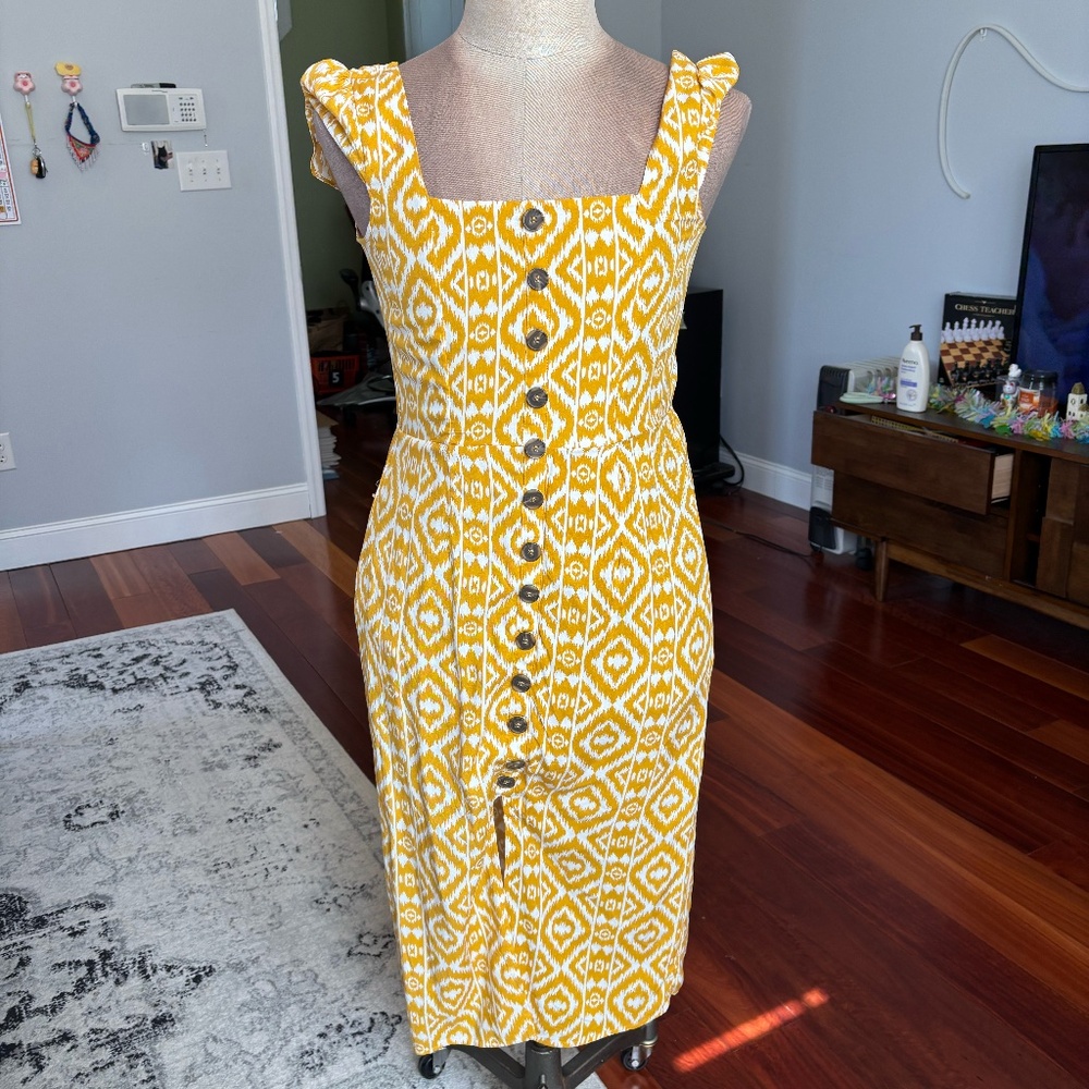 Retro-Bohemian Yellow Ikat Midi Dress